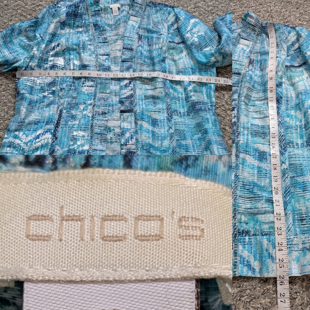 Chicos Blue White Beaded Neckline Open Cover Up Linen Blend Cardigan XL - Picture 7 of 8